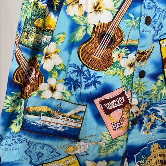 High Surf Hawaiian Button Down Shirt Short Sleeve Cotton Ukulele Floral Large - Picture 6 of 10